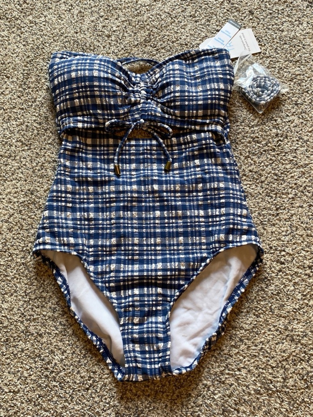 Time and Tru Navy and White Plaid Strapless Swim One-Piece with Front Tie Accent